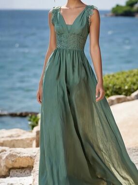 Elegant Sage Green V-Neck Lace Waist Maxi Dress #152